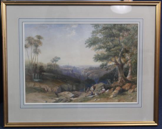 John Wilson Carmichael (1800-1868) View in South America with figures carrying panniers in the foreground, 14.25 x 20.5in.